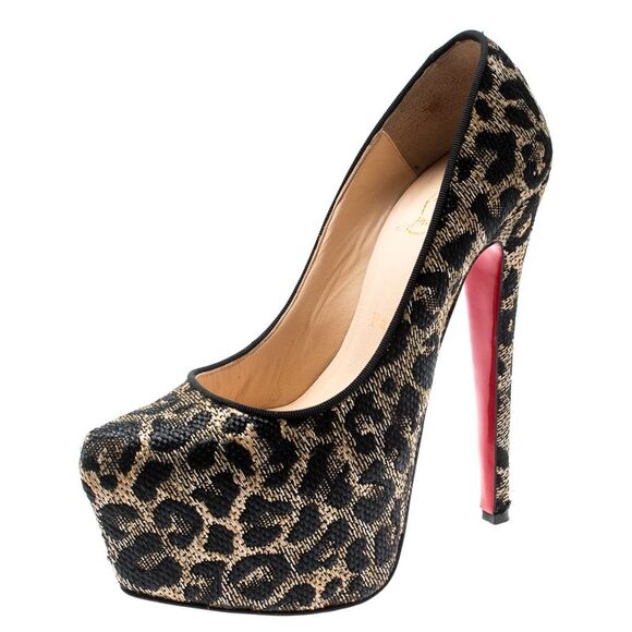 Christian Louboutin Two Tone Leopard Weave Raffia Daffodile Platform Pumps - Picture 1 of 4